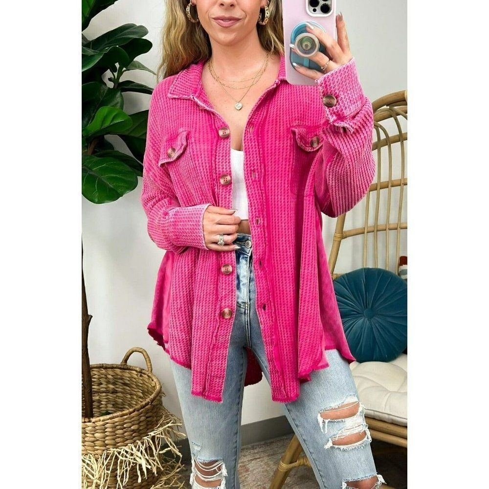 Zenana Meet U There Cotton Waffle Acid Wash Oversized Shacket Hot Pink CJW-3300 - Picture 5 of 5